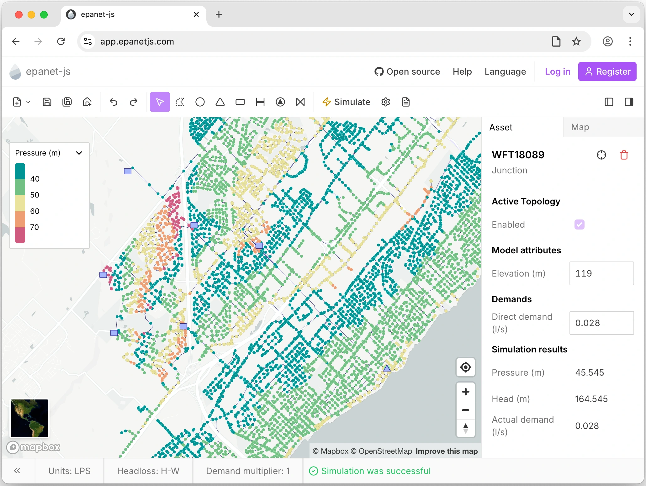 Screenshot of EPANET JS app